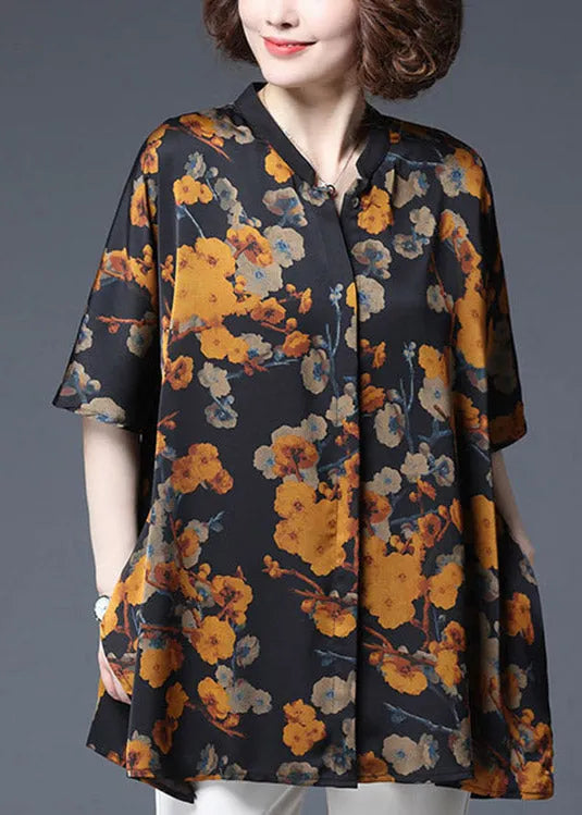 Yellow Print Stand Collar Button Chiffon Tops Half Sleeve