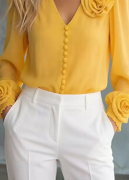 Unique Yellow V Neck Chiffon Shirt Tops Spring