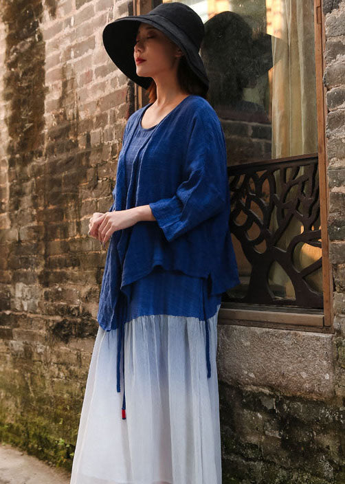 Unique Blue Asymmetrical Cotton Cardigan Three Quarter Sleeve
