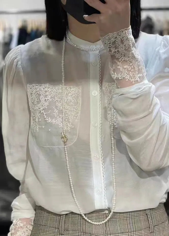 White Stand Collar Button Lace Patchwork Silk Blouses Long Sleeve
