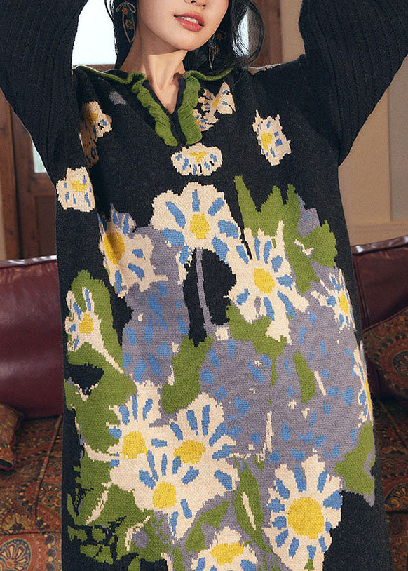Black V Neck Print Ruffled Patchwork Cotton Knit Long Dress Fall