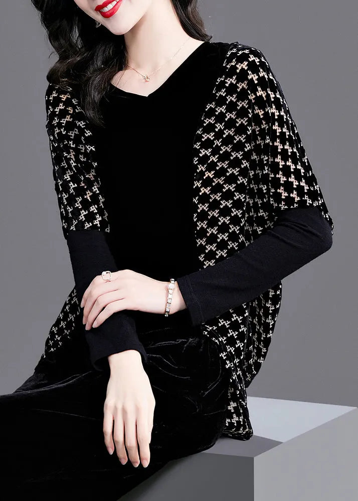 Black V Neck Plaid Patchwork Velour Tops Long Sleeve