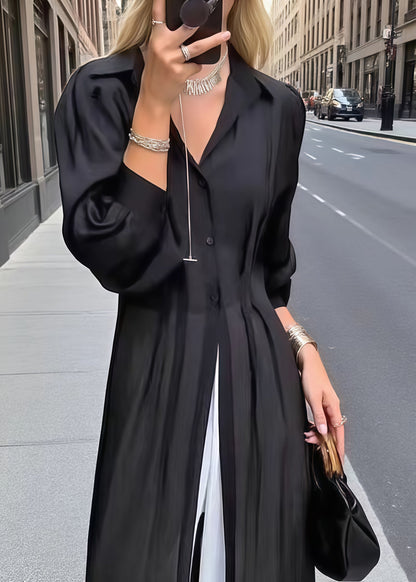 Black Oversized Wrinkled Chiffon Shirt Dresses Summer