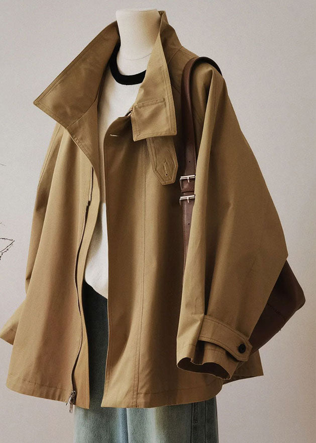 French Khaki Peter Pan Collar Zippered Patchwork Trench Coats Long Sleeve Spring