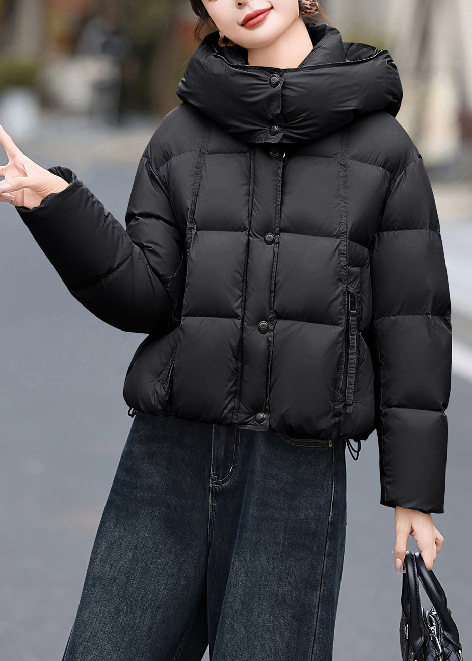 Black Pockets Duck Down Jacket Hooded Winter