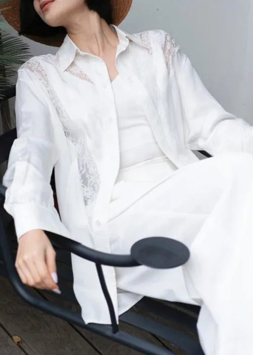 White Button Lace Cotton Fall Shirt Peter Pan Collar