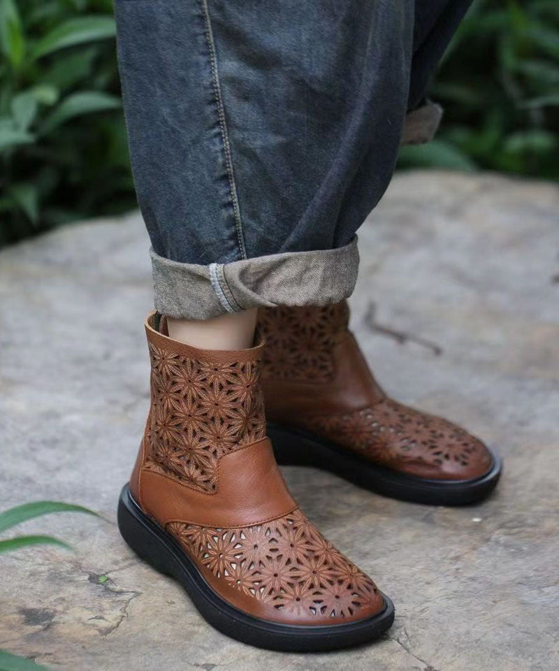Brown Boots Cowhide Leather Hollow Out Splicing