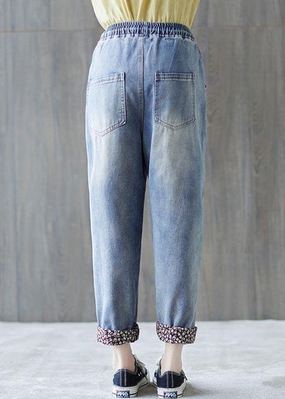 Blue Patchwork Pockets Cotton Pants Summer