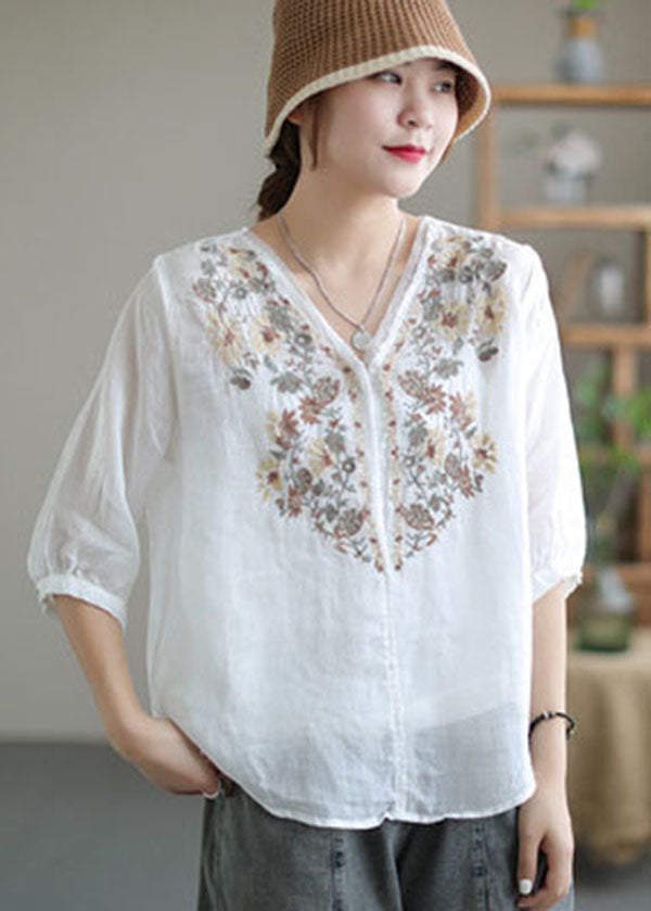 White V Neck Embroideried Linen Blouse Tops Half Sleeve