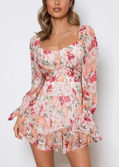 Pink Zippered Print Lace Up Jumpsuit Spring