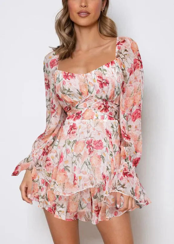 Pink Zippered Print Lace Up Jumpsuit Spring