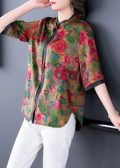 Style Red Stand Collar Patchwork Print Silk Blouses Half Sleeve