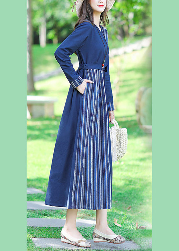 Blue V Neck Striped Patchwork Linen Long Dress Spring