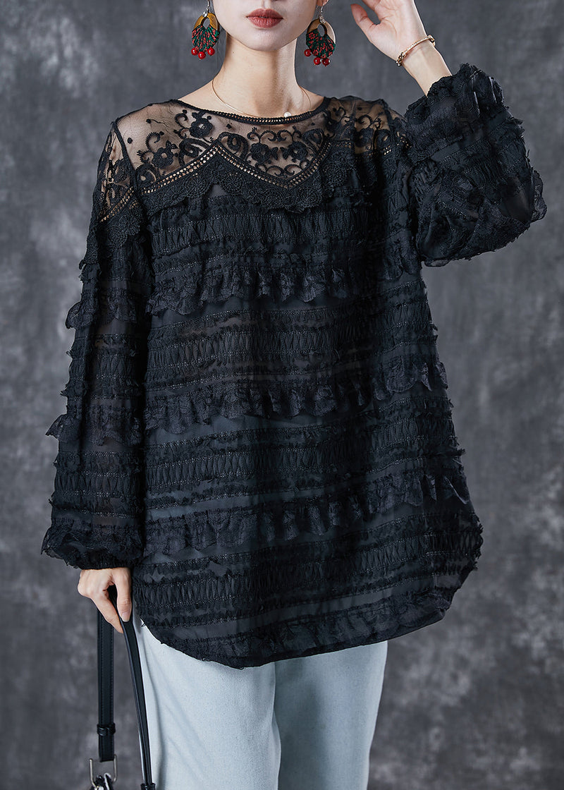 Black Hollow Out Patchwork Lace Top Spring