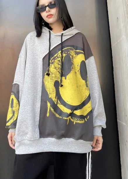 Diy Hooded Patchwork Spring Clothes for Shirts Gray Print Tops