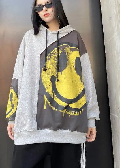 Diy Hooded Patchwork Spring Clothes for Shirts Gray Print Tops