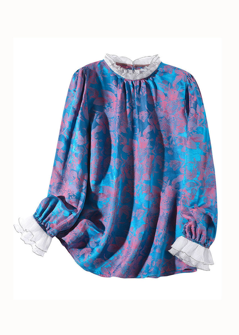 Blue Wrinkled Patchwork Print Silk Top Spring