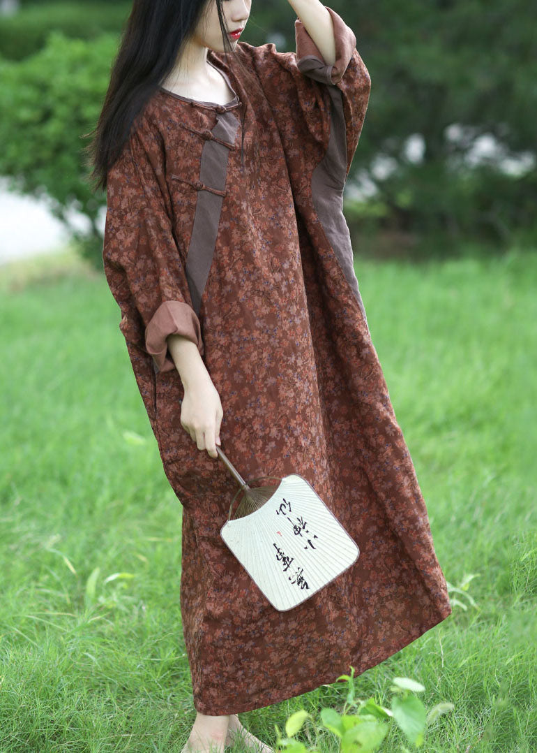 Italian Brown O-neck Oversized Patchwork Print Linen Vacation Dresses Spring