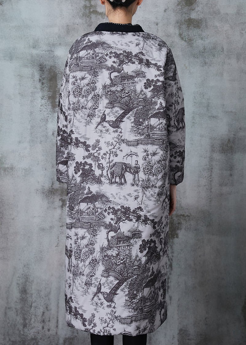 Grey Print Pockets Fine Cotton Filled Coats Winter
