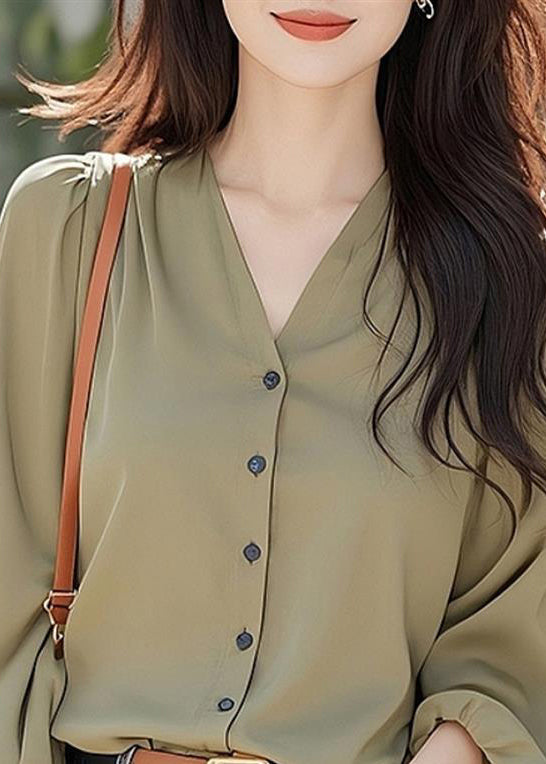 Simple Wasabi Green V Neck Button Cotton Blouses Fall