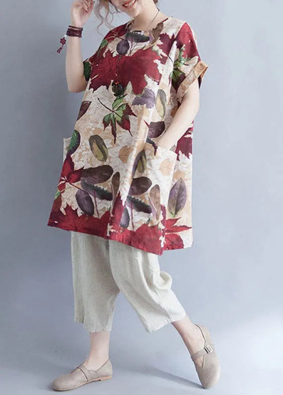 Retro O-neck Print Loose Fall Top Short Sleeve