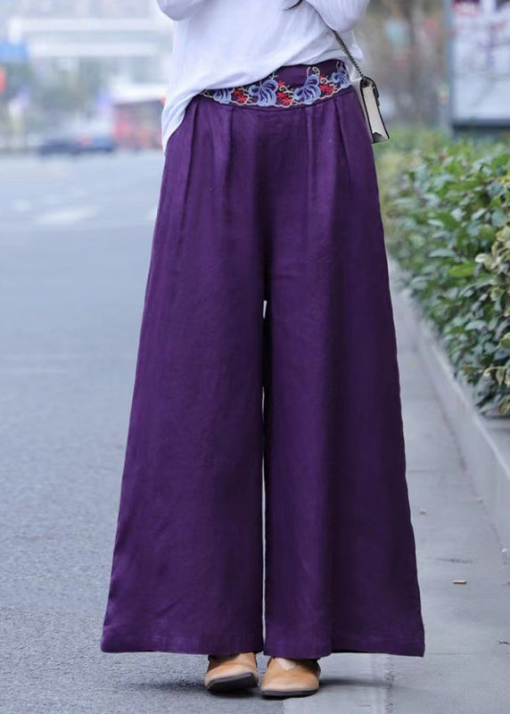 White Wrinkled Embroideried Linen Wide Leg Pants Spring