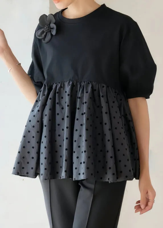 Black Dot Patchwork Flower Decorated Cotton Tank Summer
