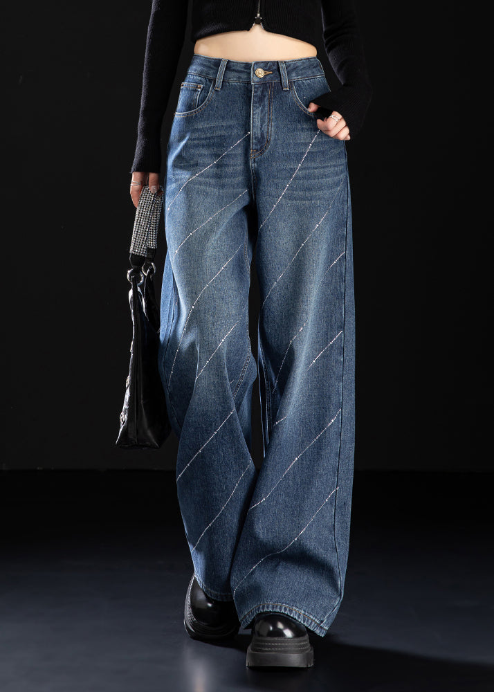 Stylish Blue Pockets Zircon Warm Fleece Denim Pants Spring