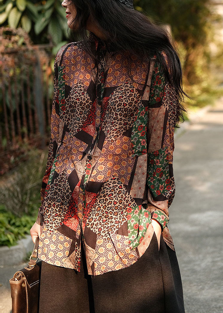 Coffee Peter Pan Collar Print Linen Shirts Spring