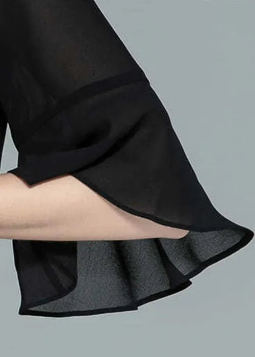 Black Wrinkled Chiffon Shirts V Neck Half Sleeve