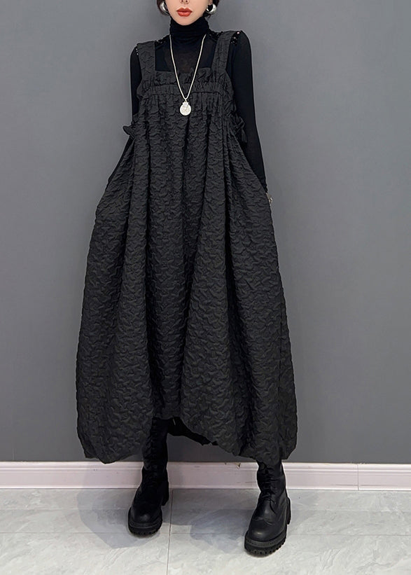 Black Wrinkled Pockets Patchwork Cotton Carpenter Dresses Fall