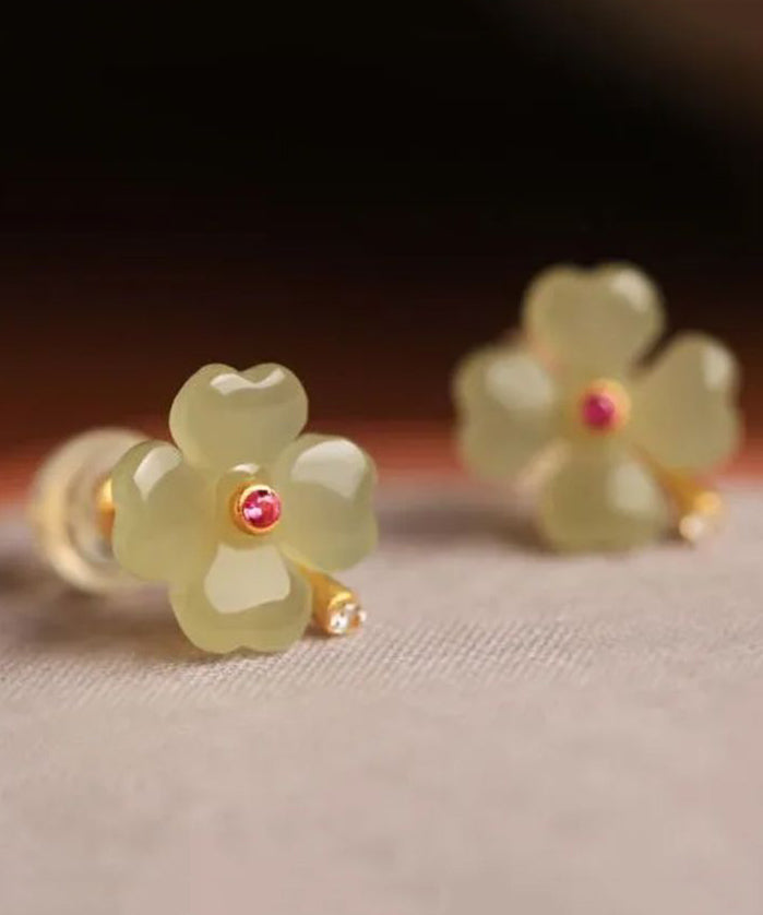 Light Green Sterling Silver Jade Zircon Four Leaf Clover Stud Earrings