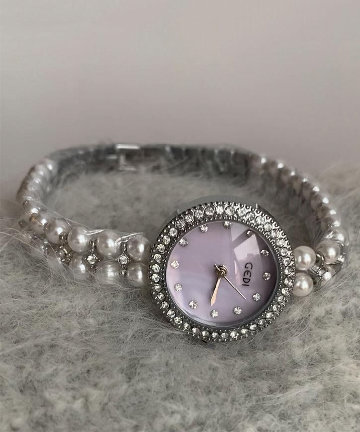 Purple Stainless Steel Zircon Tempered Glass Watches