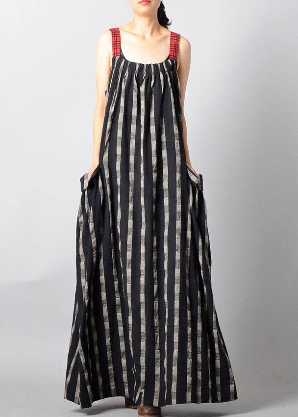Art Black Plaid Patchwork Pockets Cotton Linen Summer Maxi Dresses