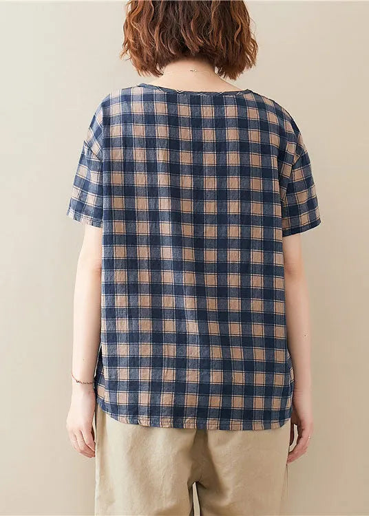 Blue O Neck Plaid Cotton T Shirt Top Short Sleeve