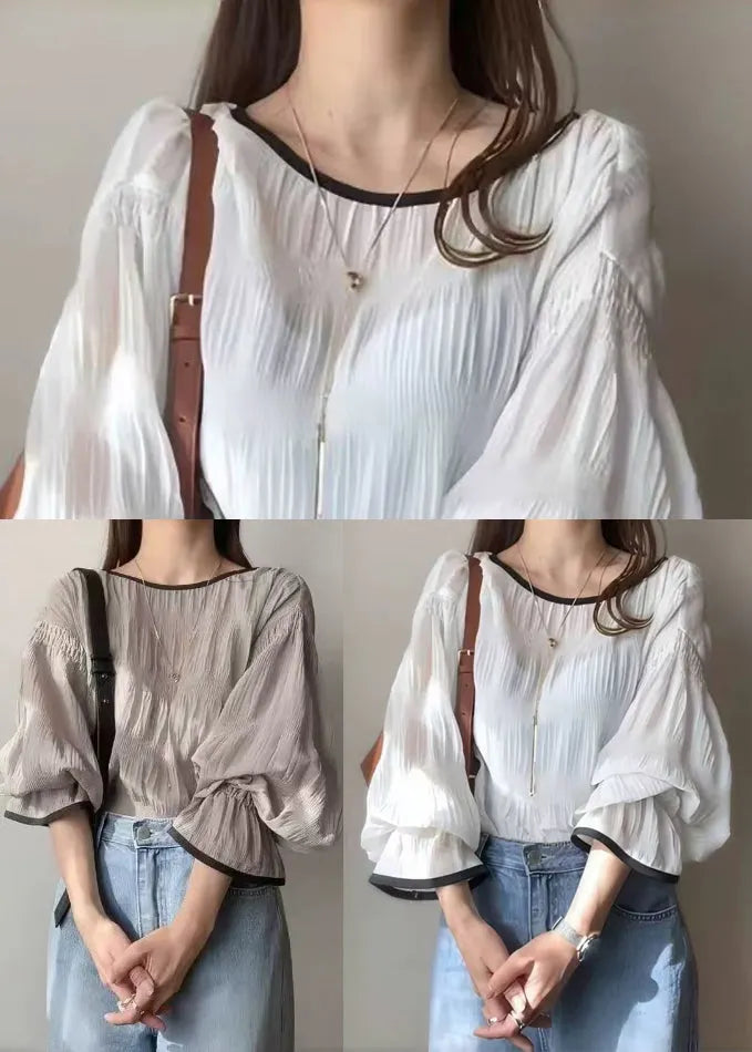 White Oversized Chiffon Shirt Tops Lantern Sleeve