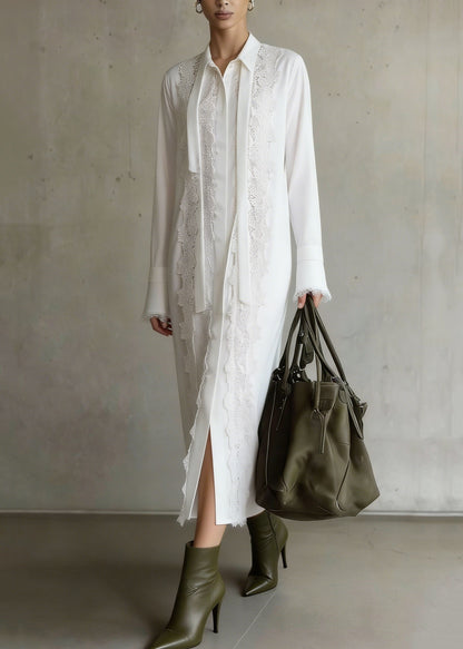 Boutique White Lace Patchwork Chiffon Shirts Dress Spring