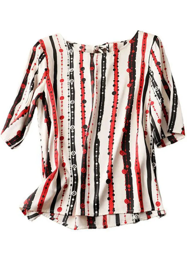 Classy Red O-neck Striped Chiffon Shirt Tops Half Sleeve