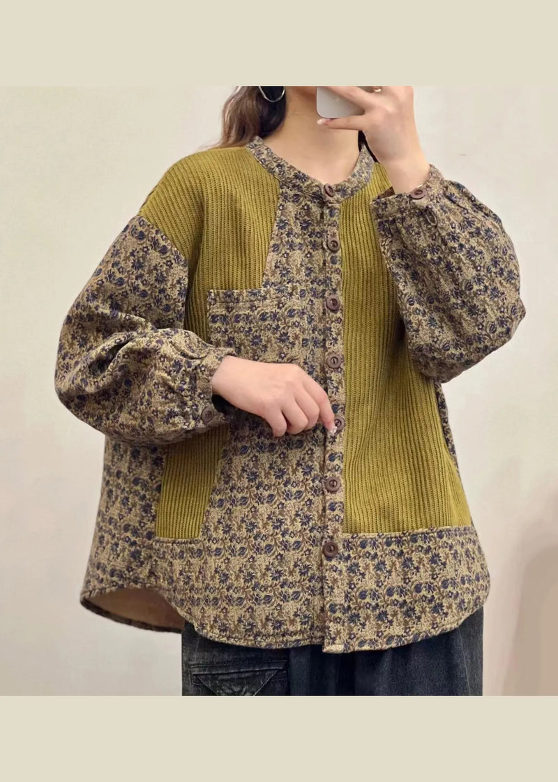 Green Button Print Patchwork Linen Shirt Top Fall