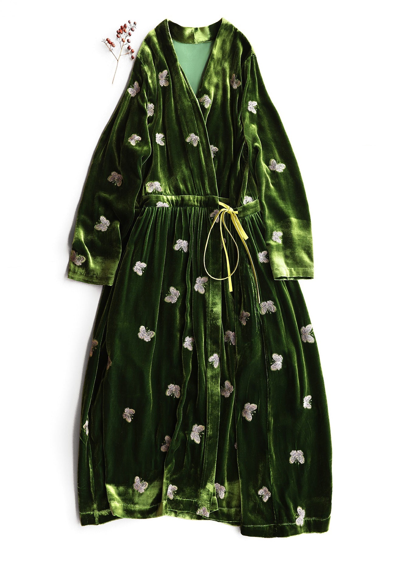 Loose Green Embroidered Butterfly Lace Up Silk Velvet Long Dress Fall
