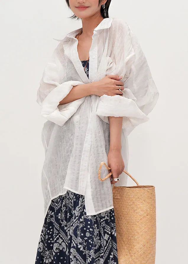 White Oversized Cotton Upf 50+ Shirt Summer