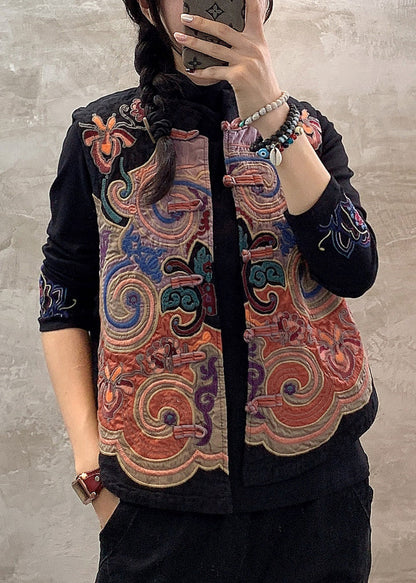 Retro Black Stand Collar Embroideried Button Waistcoat Fall