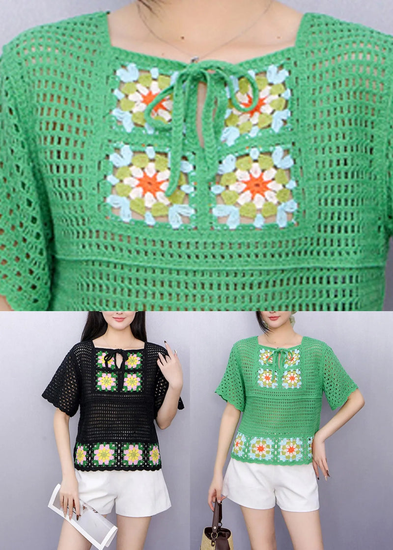 Green Square Collar Tie Lace Knit Top Summer