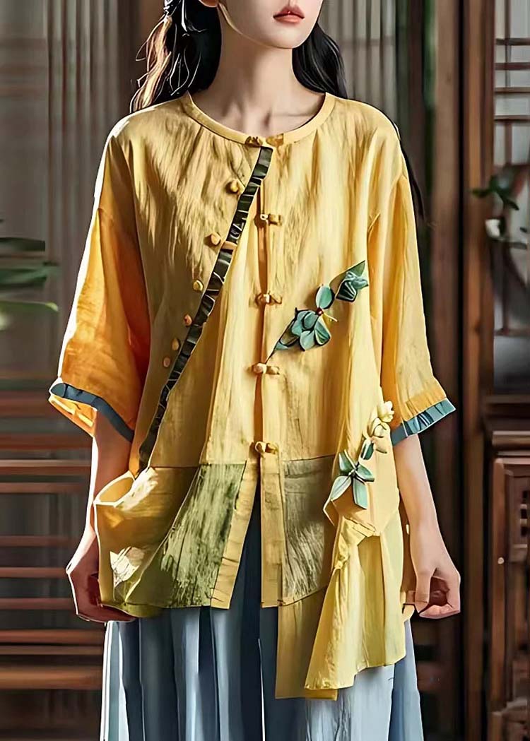 Yellow Asymmetrical Patchwork Wrinkled Linen Shirt Summer
