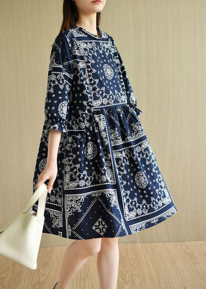 Boutique Navy Loose O-neck Print Summer Cotton Dress Half Sleeve