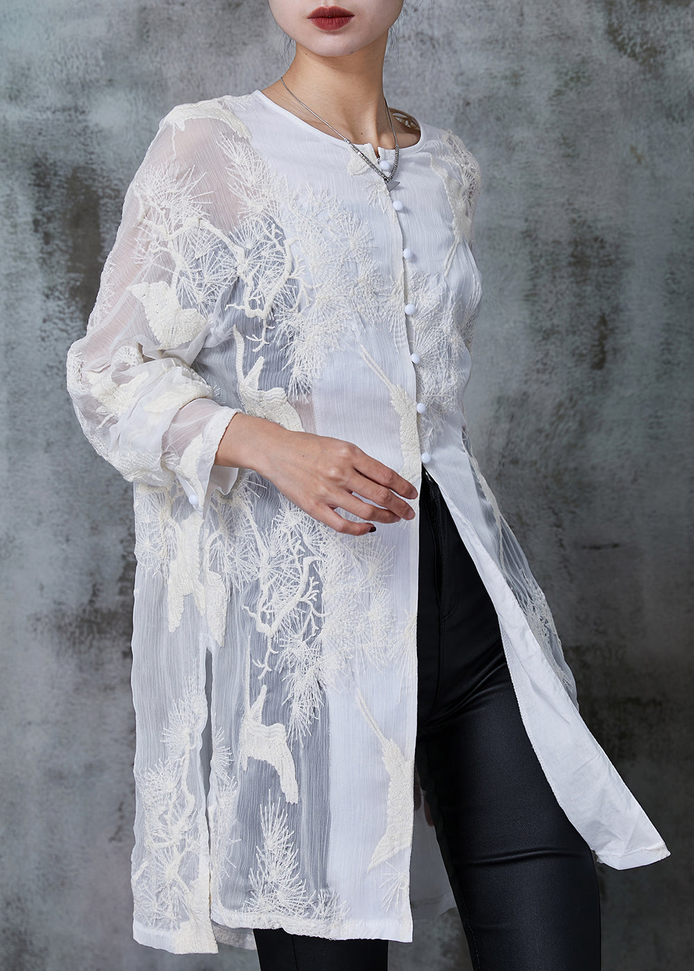 White Embroidered Chiffon Upf 50+ Long Shirt Summer