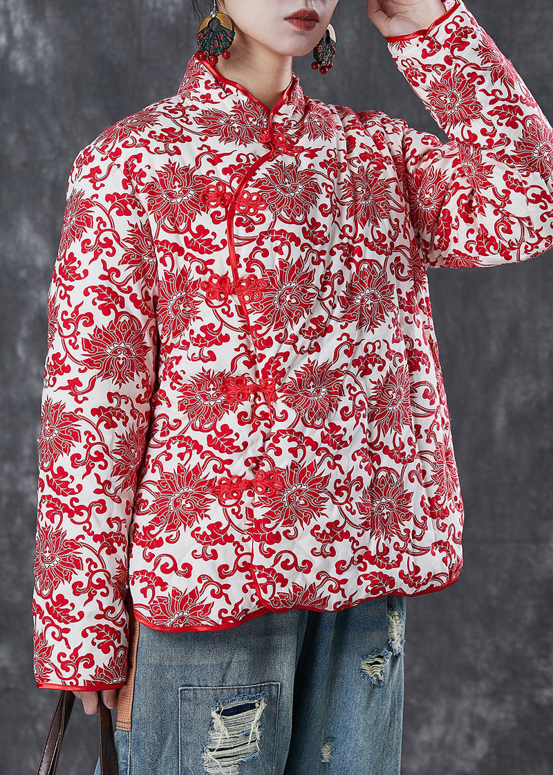 Chinese Style White Print Chinese Button Fine Cotton Filled Jacket Winter