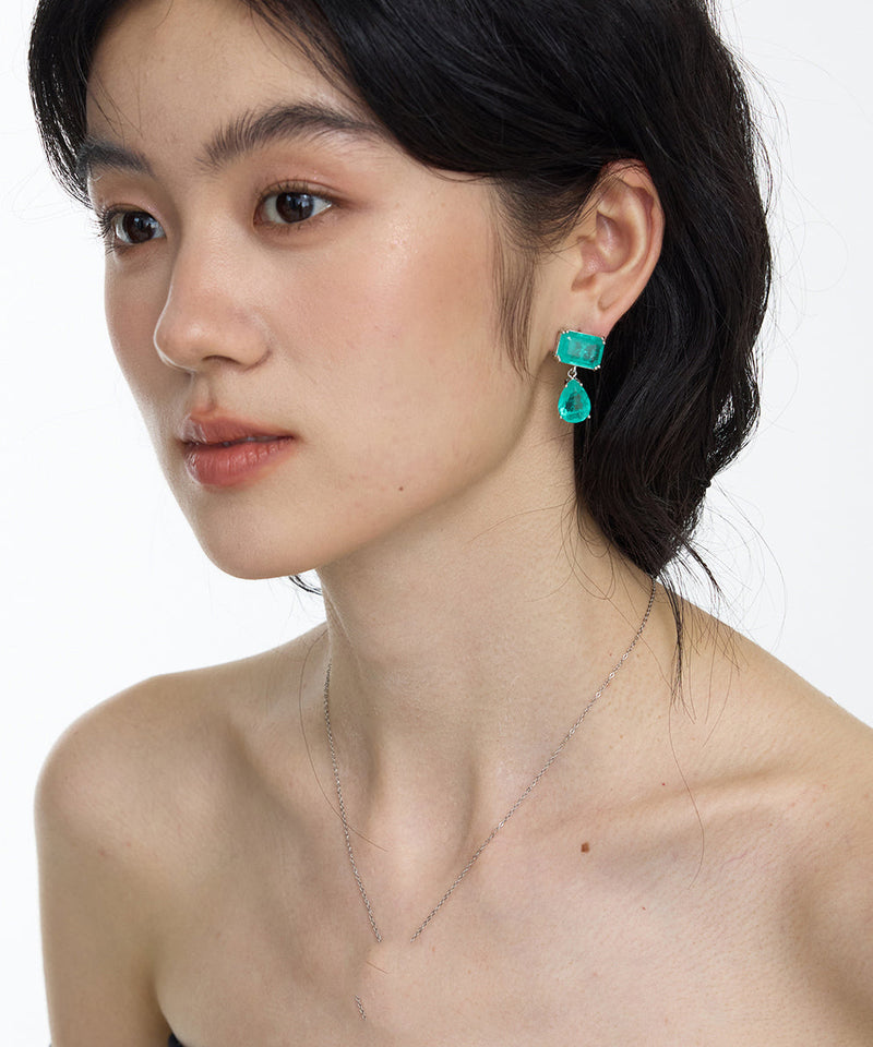 Brief Blue Copper Overgild Gem Stone Square Water Droplet Drop Earrings