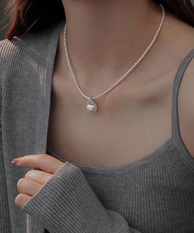 White Alloy Zircon Pearl Pendant Necklace