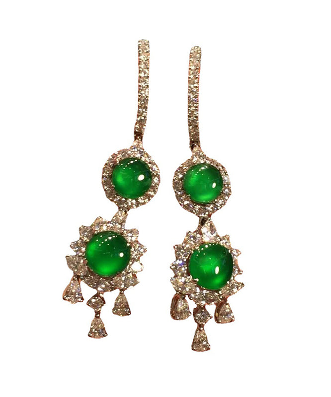 Sterling Silver Inlaid Zircon Jade Tassel Drop Earrings